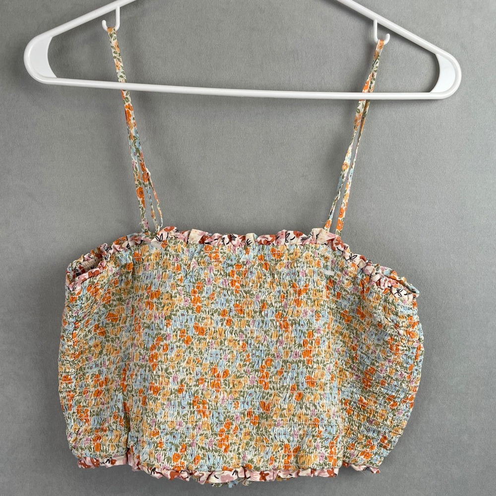 American Eagle Floral Smocked Crop Top Wmn L Orange Blue‎ Cotton Cami Girly Boho